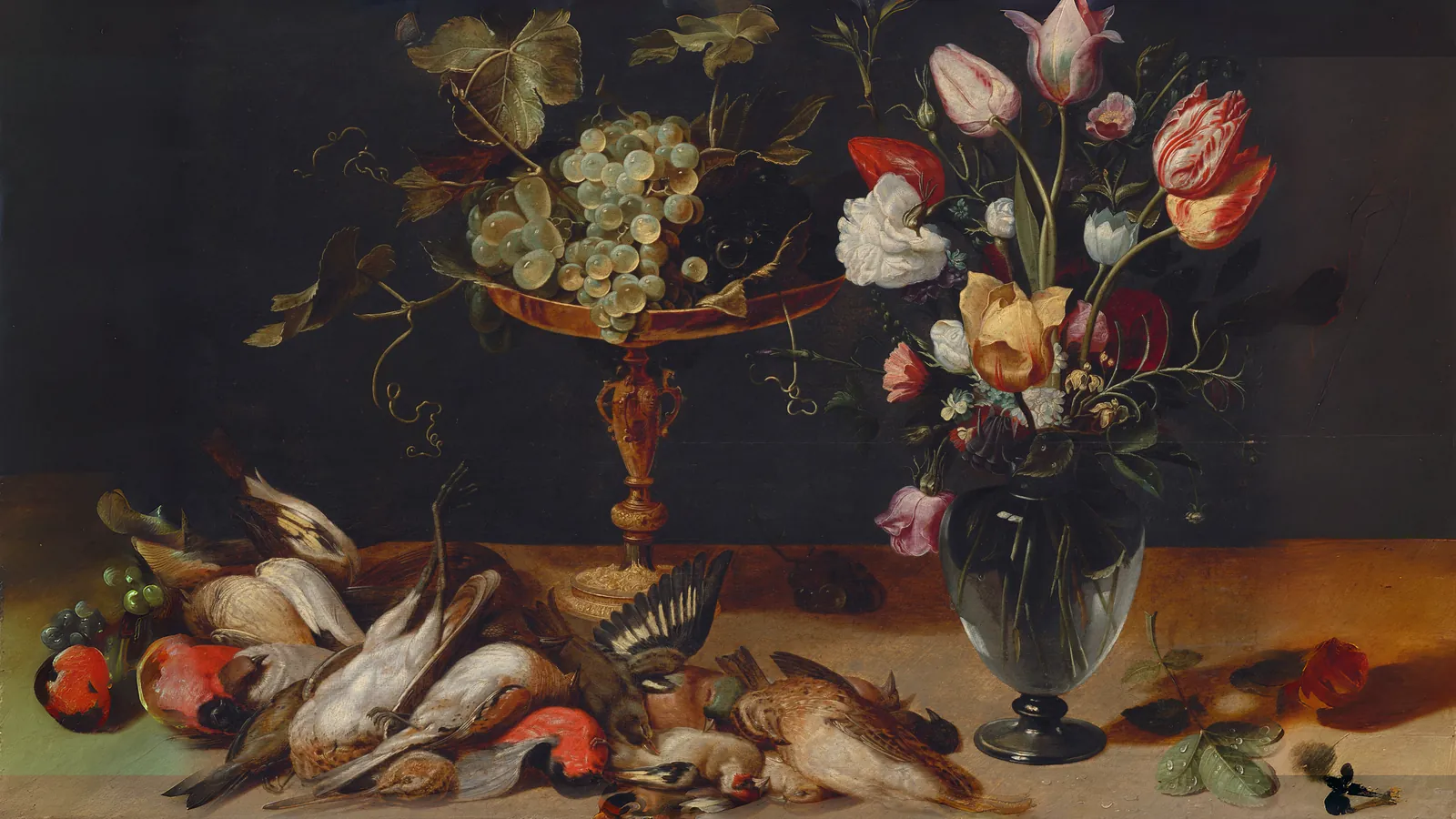 Still Life with Flowers, Grapes, and Small Game Birds by Frans Snyders, extended to 16:9