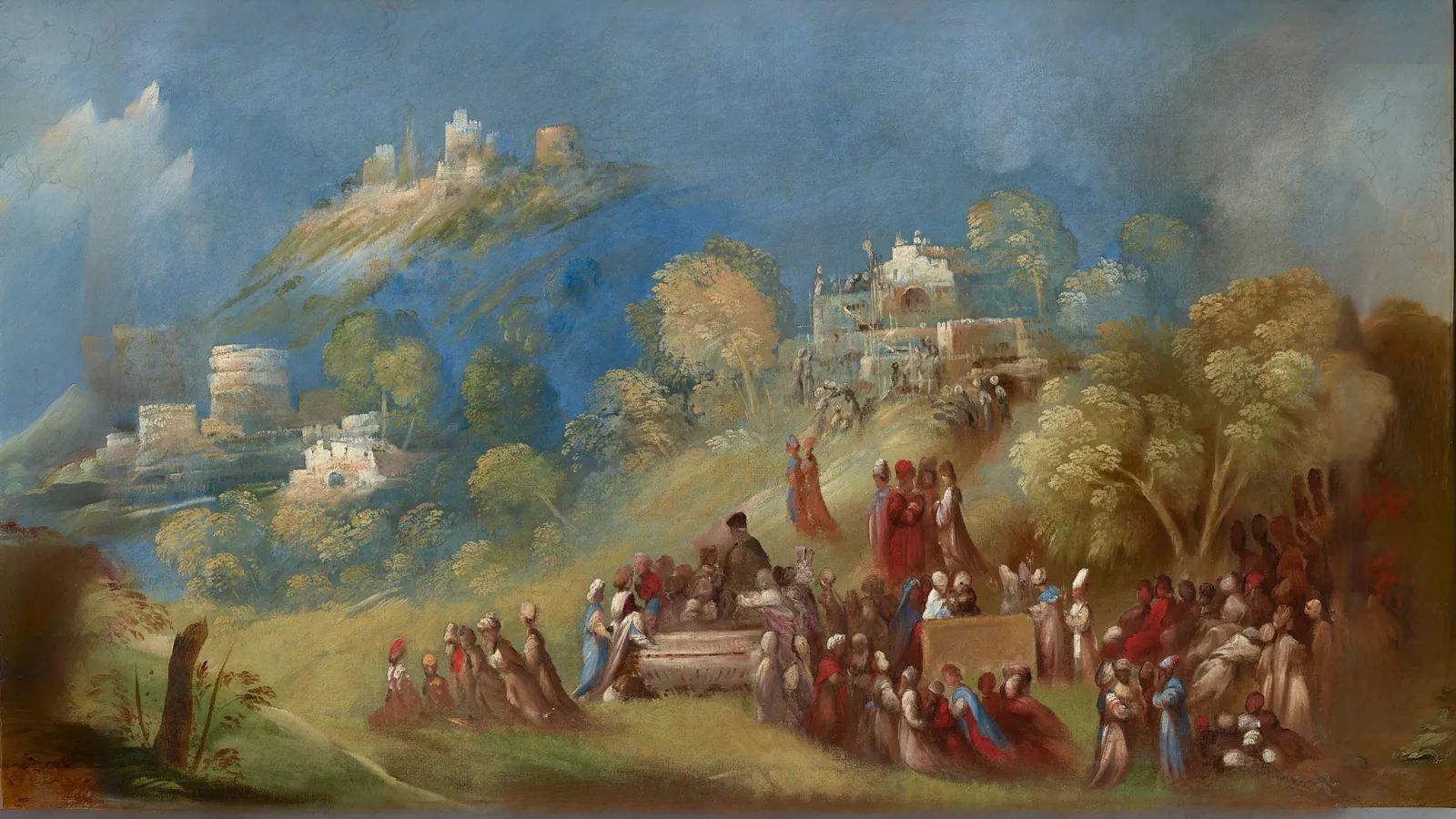 The Trojans Building the Temple to Venus and Making Offerings at Anchises's Grave in Sicily by Dosso Dossi, extended to 16:9
