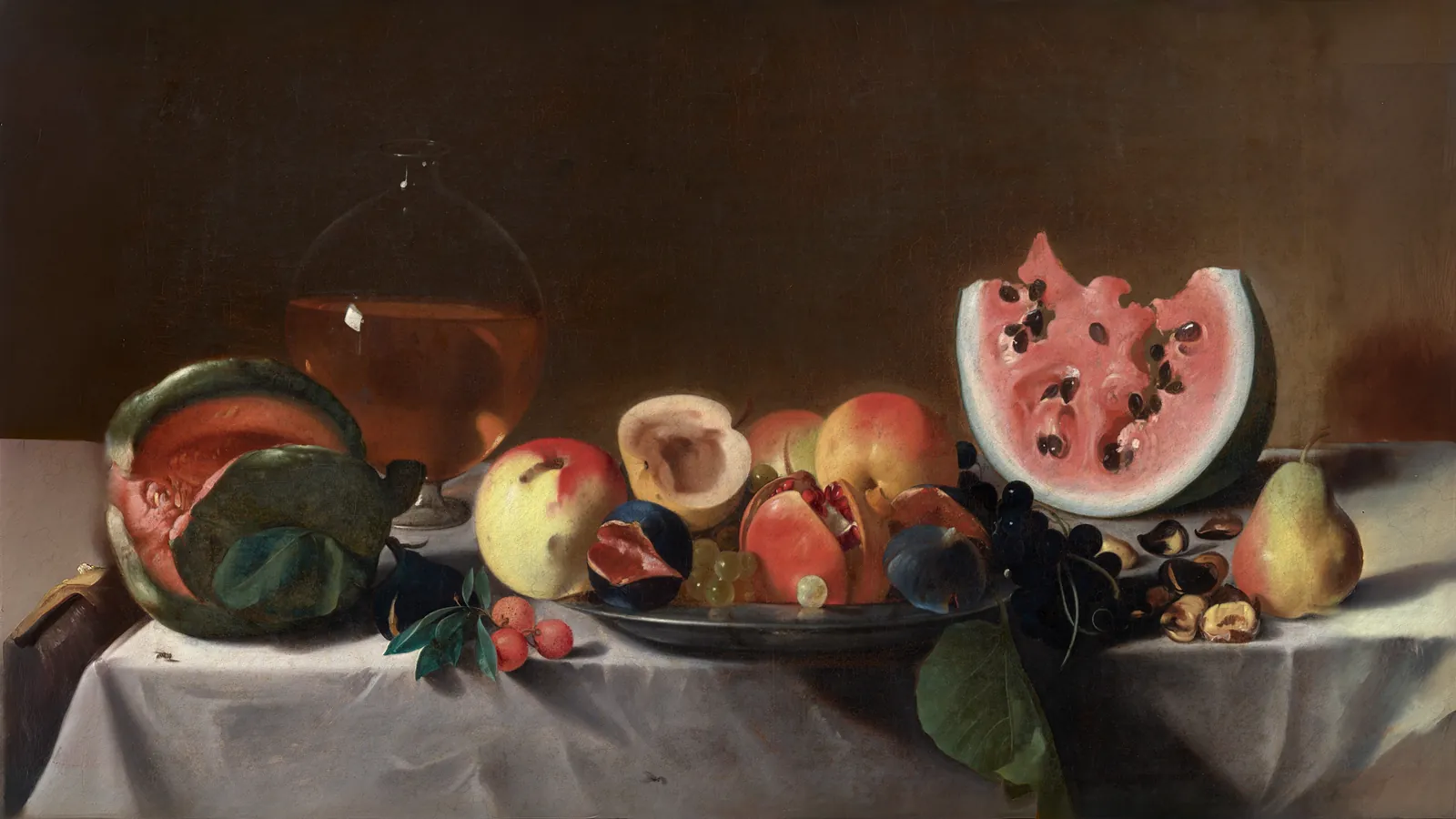 Still Life with Fruit and Carafe by Pensionante del Saraceni, extended to 16:9