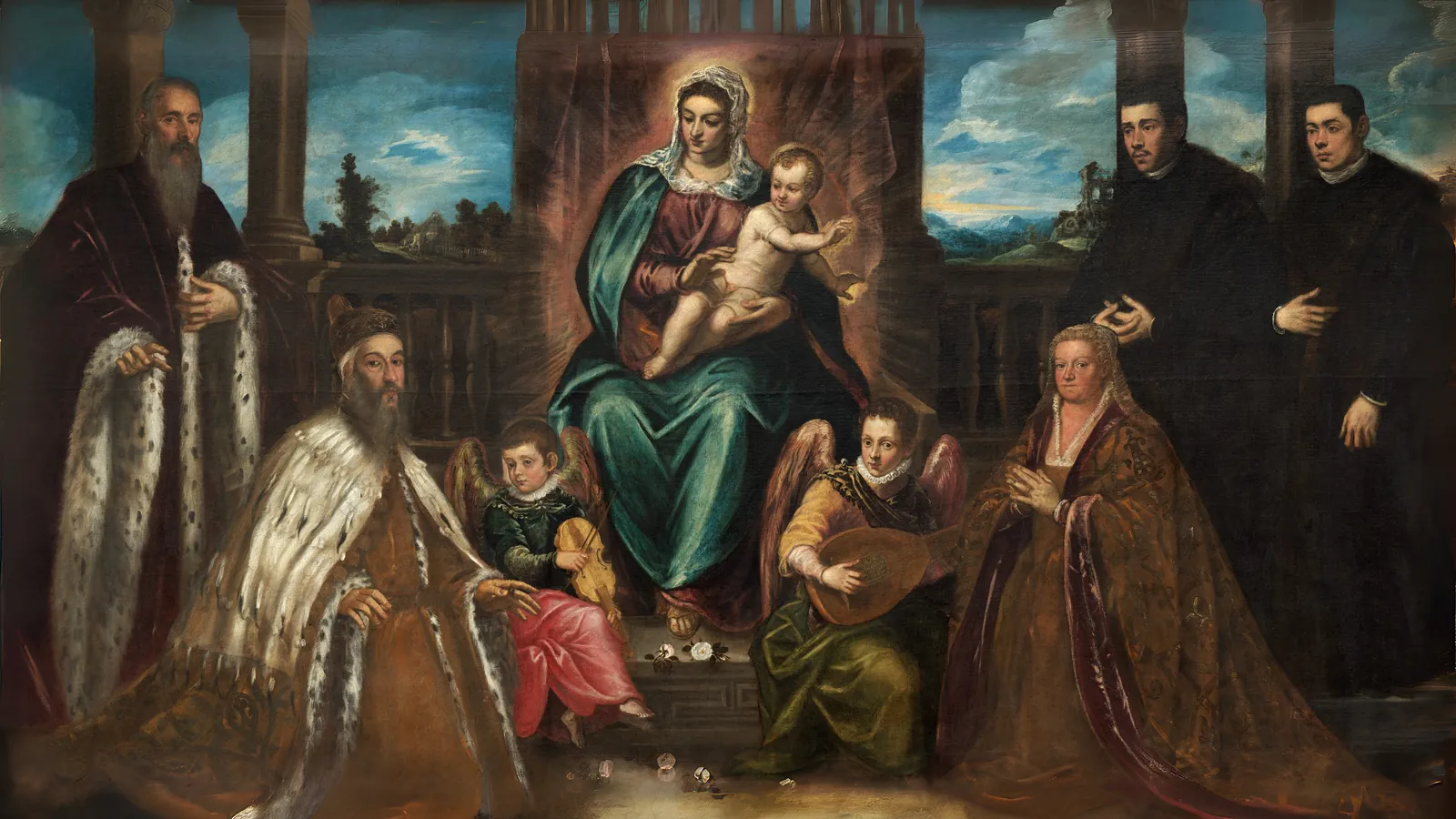 Doge Alvise Mocenigo and Family before the Madonna and Child by Jacopo Tintoretto, extended to 16:9