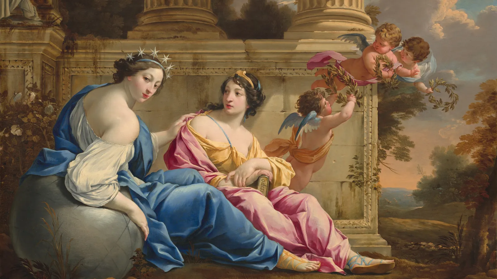 Le muse Urania e Calliope di Simon Vouet, ritagliato per adattarsi al 16:9