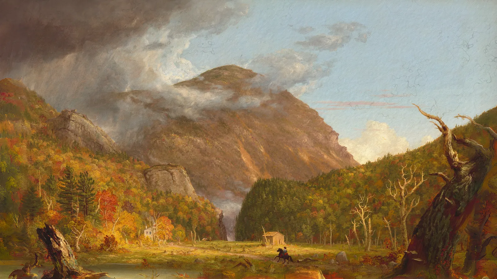 Uma Vista da Passagem de Montanha Chamada The Notch das Montanhas Brancas (Crawford Notch) por Thomas Cole, estendido para 16:9