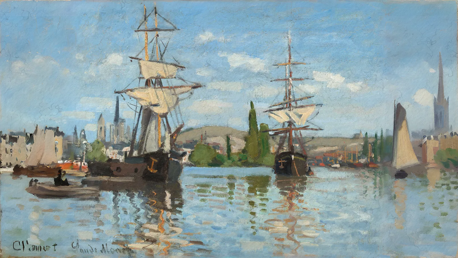 Schiffe auf der Seine bei Rouen von Claude Monet, erweitert auf 16:9