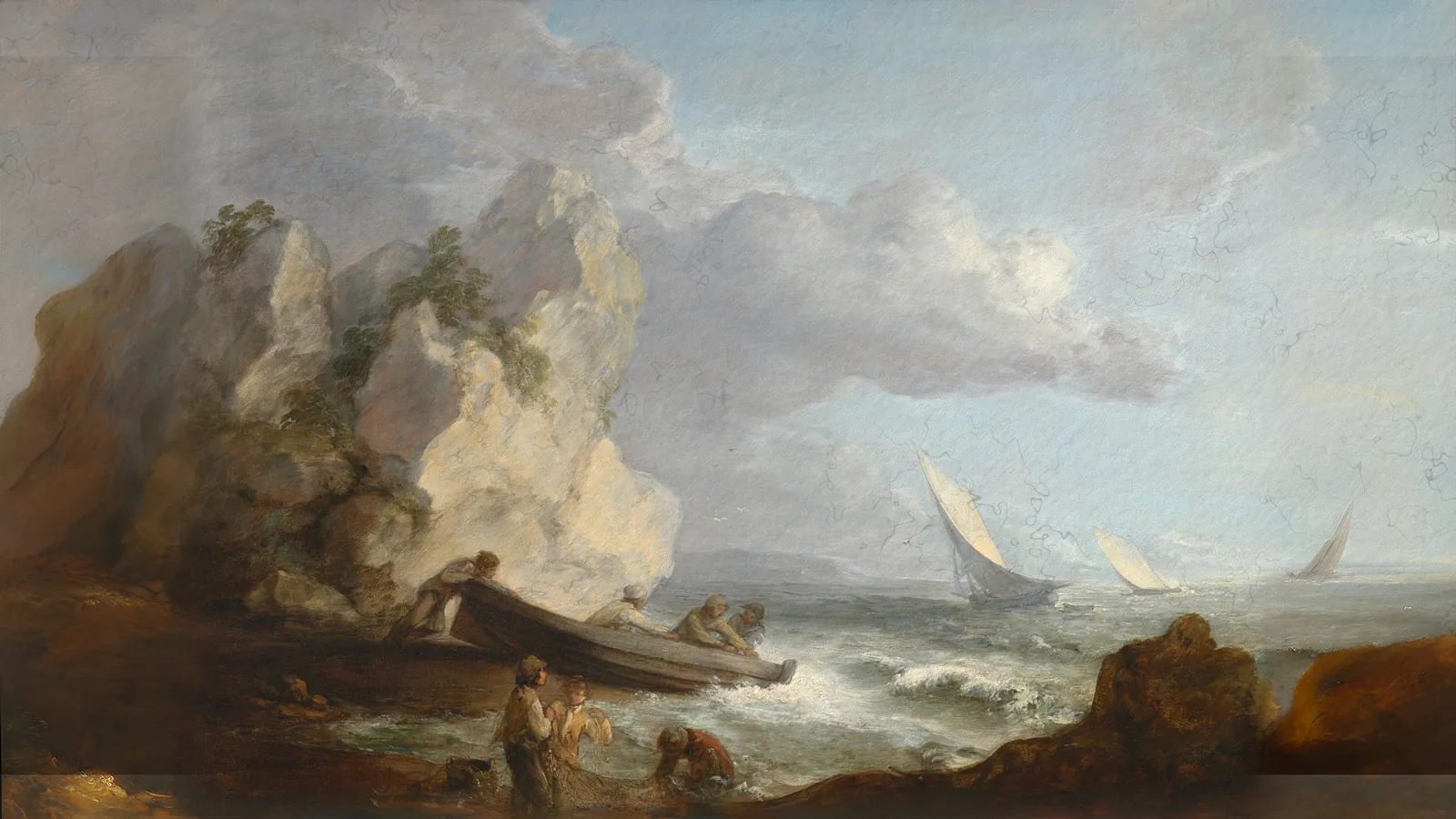 Seashore with Fishermen by Thomas Gainsborough, extended to 16:9