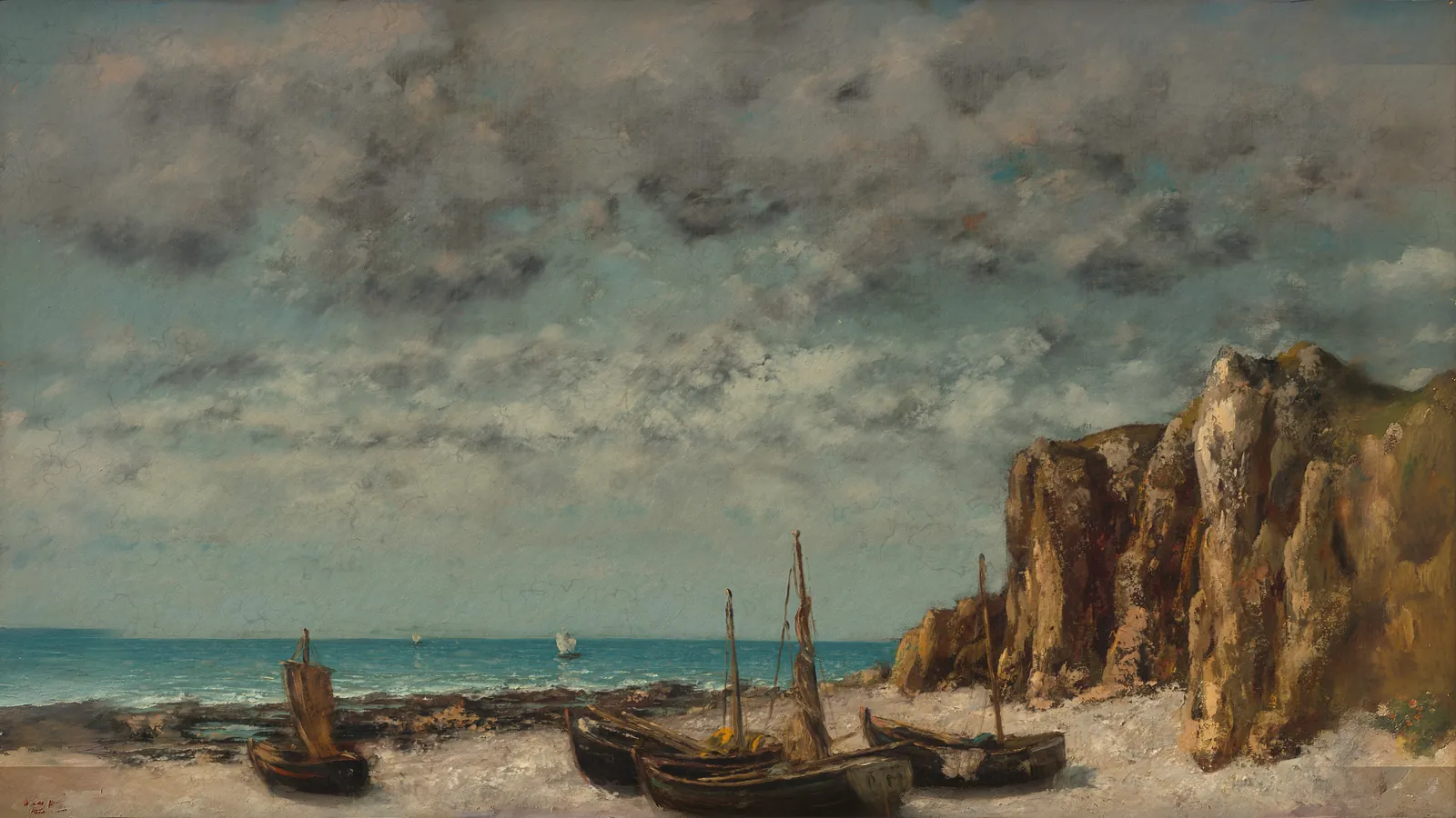 Boats on a Beach, Etretat by Gustave Courbet, extended to 16:9