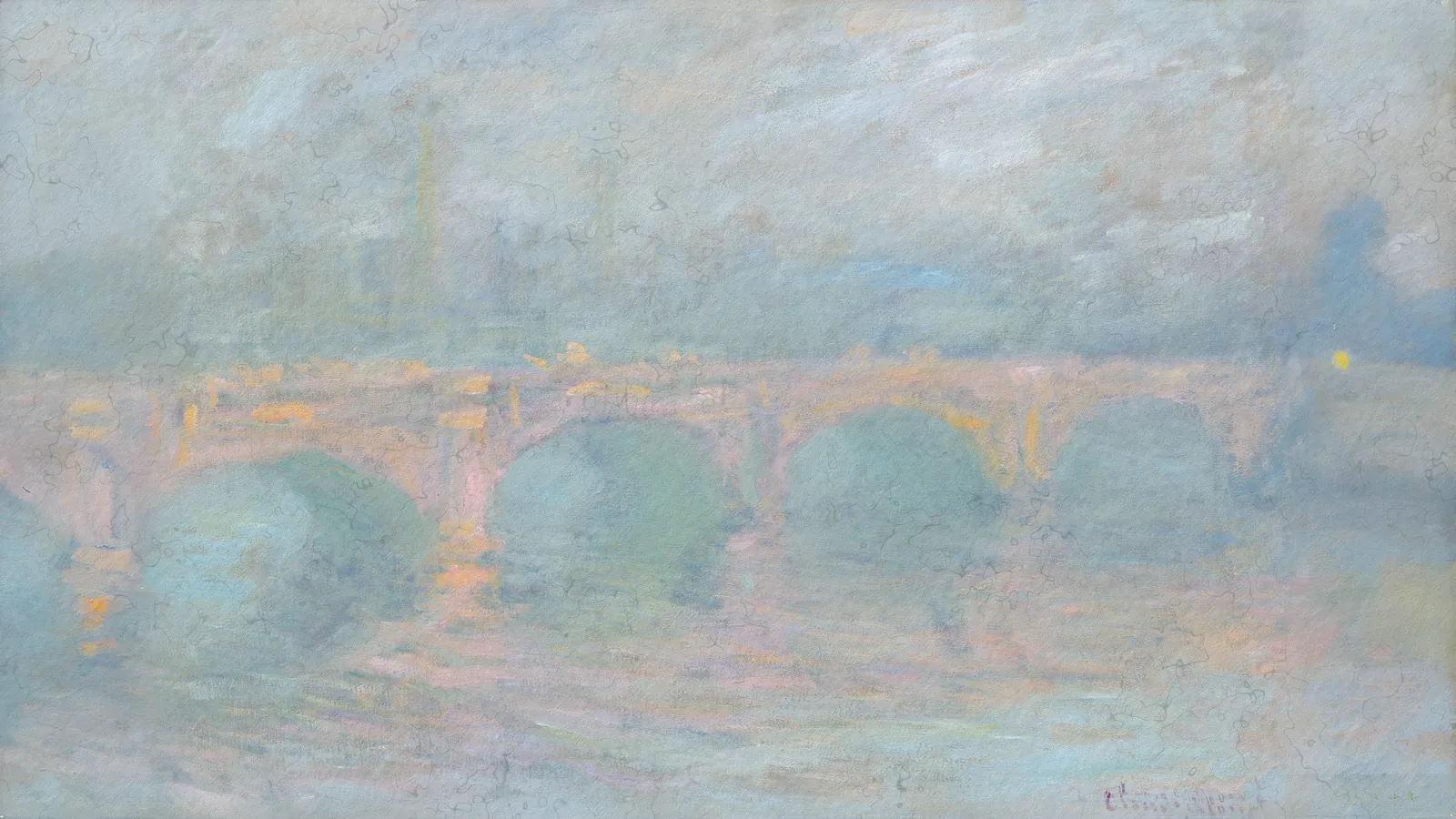 Waterloo Bridge, London, bei Sonnenuntergang von Claude Monet, erweitert auf 16:9