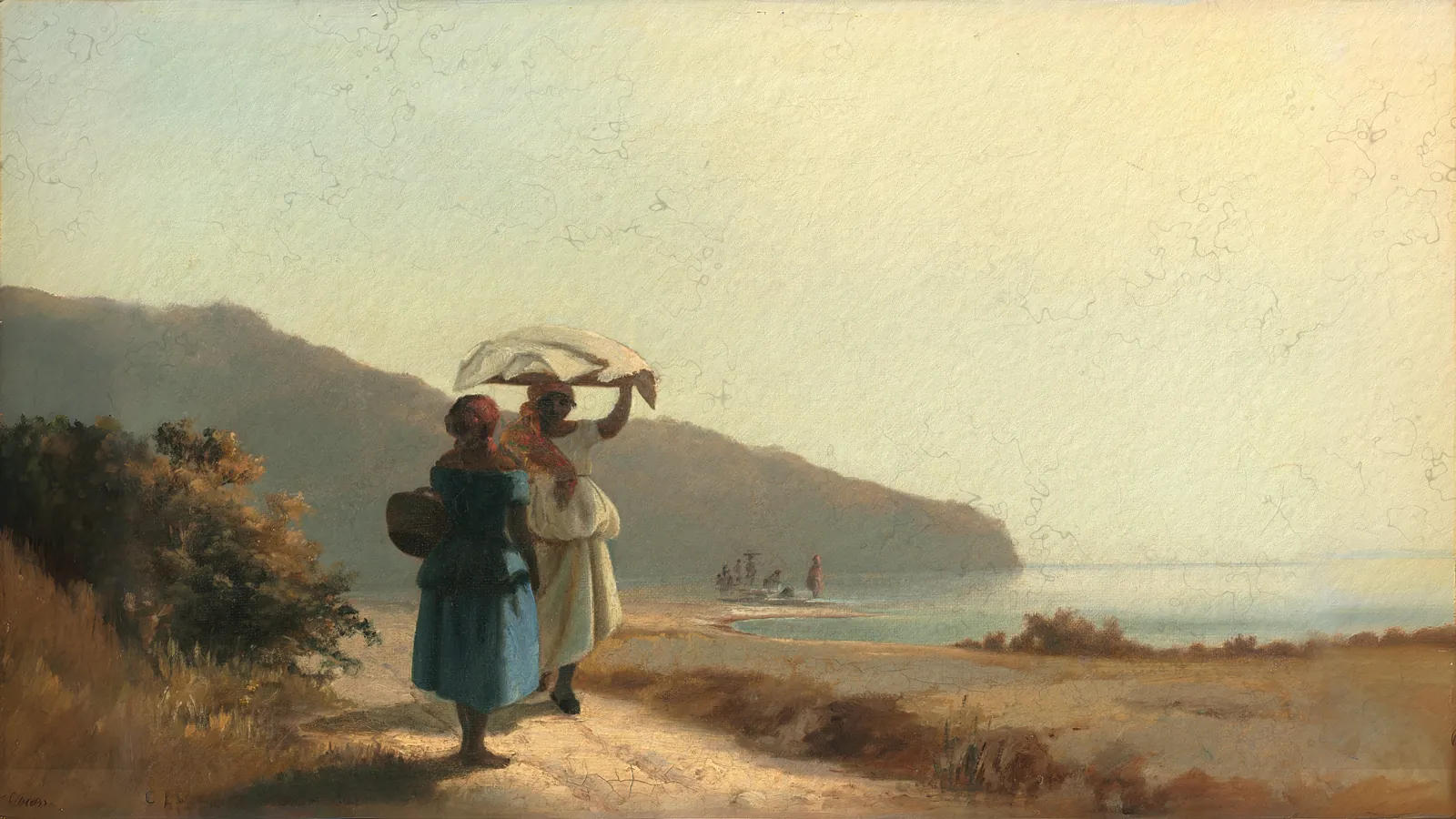 Zwei Frauen am Meer plaudernd, St. Thomas von Camille Pissarro, erweitert auf 16:9