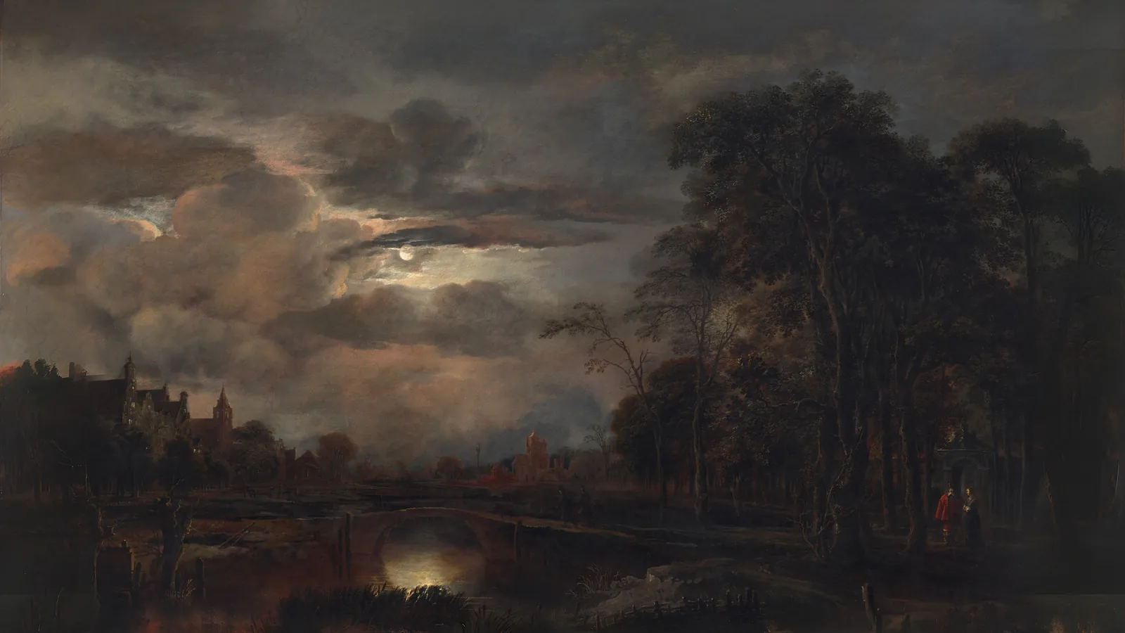 Moonlit Landscape with Bridge by Aert van der Neer, extended to 16:9