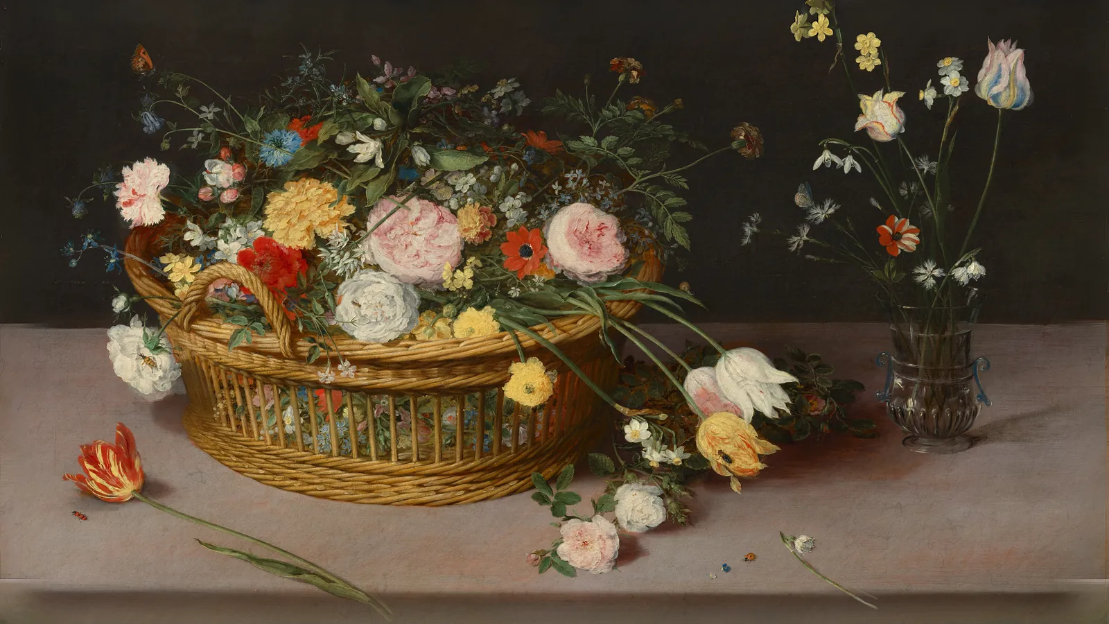 Flowers in a Basket and a Vase by Jan Brueghel the Elder, extended to 16:9