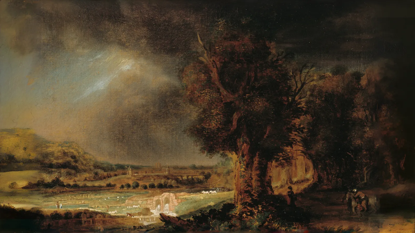 Paisaje con el buen samaritano por Rembrandt van Rijn, extendido a 16:9